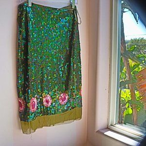 Fun Iridescent Green Sequined Skirt with Roses